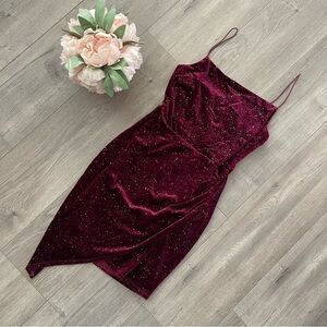 Vintage Y2K Maroon Shimmer Crushed Velvet‎ Asymmetrical Dress